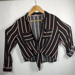 Charlotte Russe black, oran white striped tie waist button up blouse, flaws